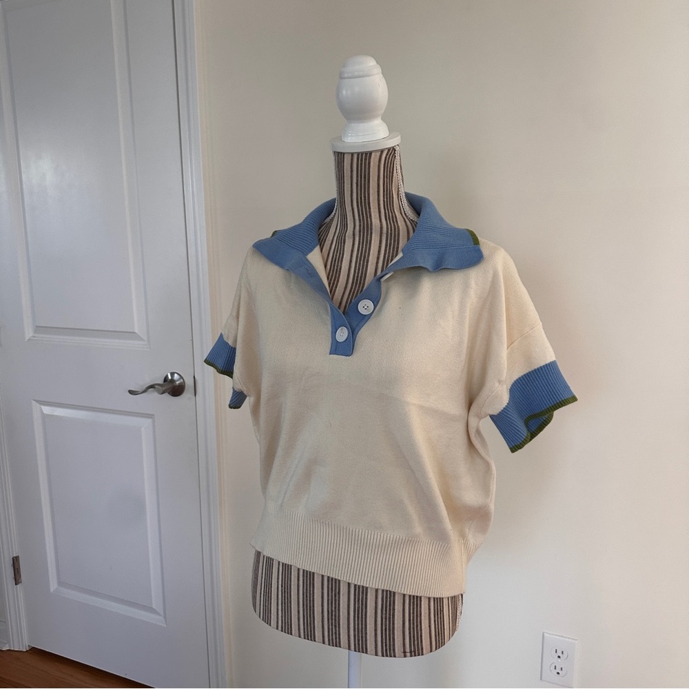 Saks Fifth Cream and Blue Collared Knit Top